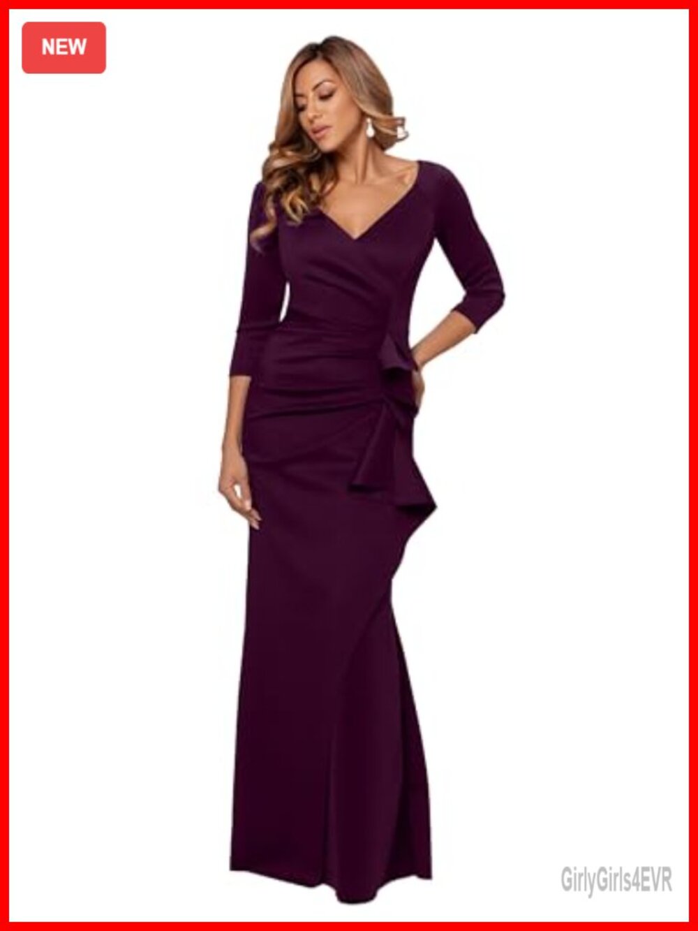 Women's Floor Length V-Neck Bodycon Evening Gown 3/4 Sleeves Ruching Ruffle